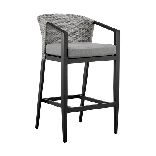 Palma Outdoor Patio Bar Stool in Aluminum and Wicker with Gray Cushions