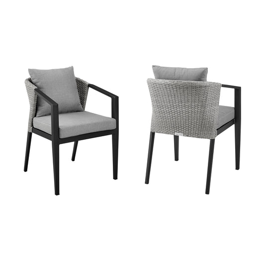 Palma Outdoor Patio Dining Chairs in Aluminum and Wicker with Gray Cushions - Set of 2