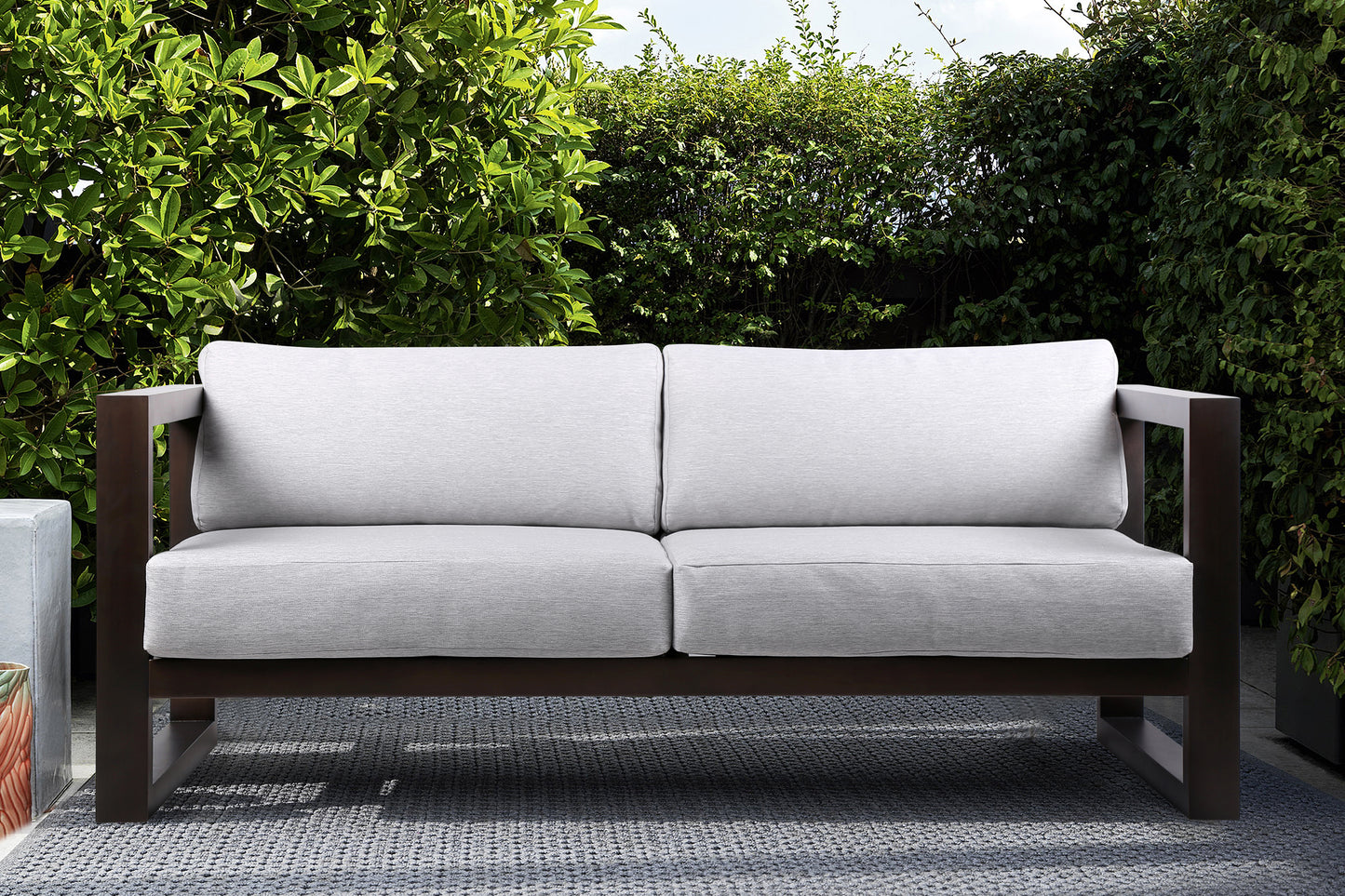 Paradise Outdoor Dark Eucalyptus Wood Sofa with Gray Cushions