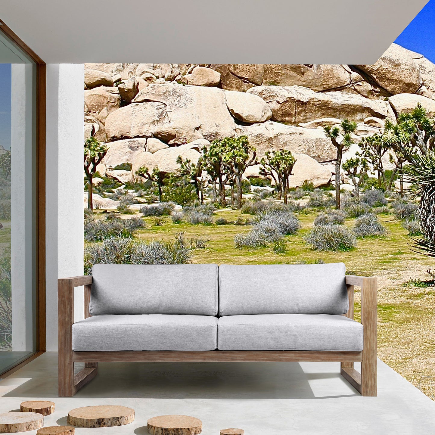 Paradise Outdoor Light Eucalyptus Wood Sofa with Gray Cushions