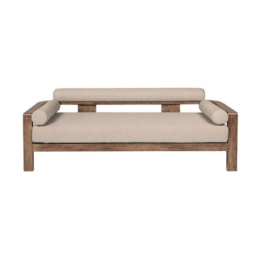 Relic Outdoor Patio Sofa in Weathered Eucalyptus Wood with Taupe Olefin Cushions