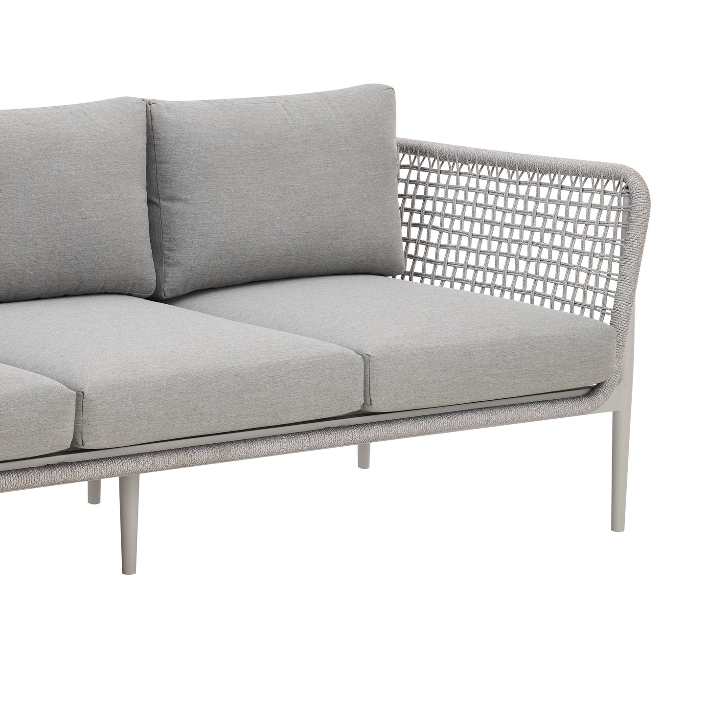 Rhodes Outdoor Patio Sofa in Aluminum with Light Gray Rope and Cushions