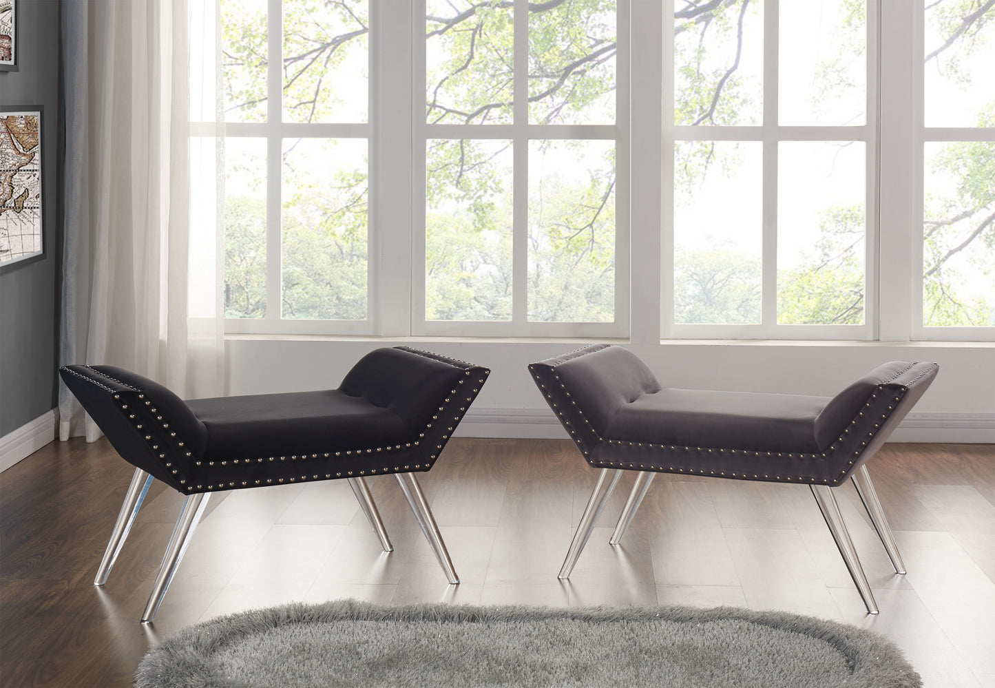 Silas Ottoman Bench in Black Tufted Velvet with Nailhead Trim and Acrylic Legs