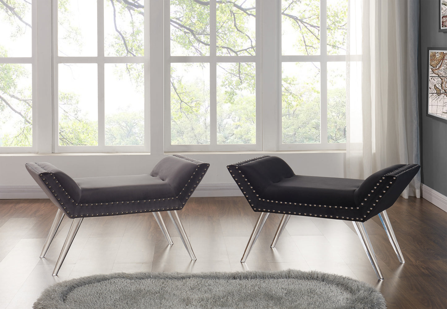 Silas Ottoman Bench in Gray Tufted Velvet with Nailhead Trim and Acrylic Legs