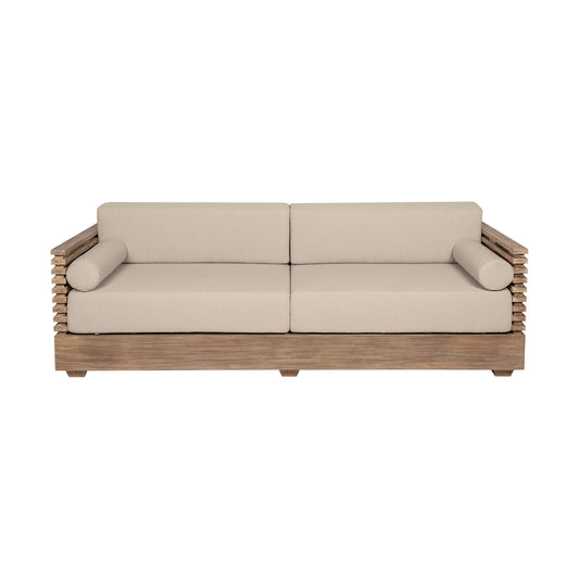 Vivid Outdoor Patio Sofa in Light Eucalyptus Wood with Taupe Olefin Cushions