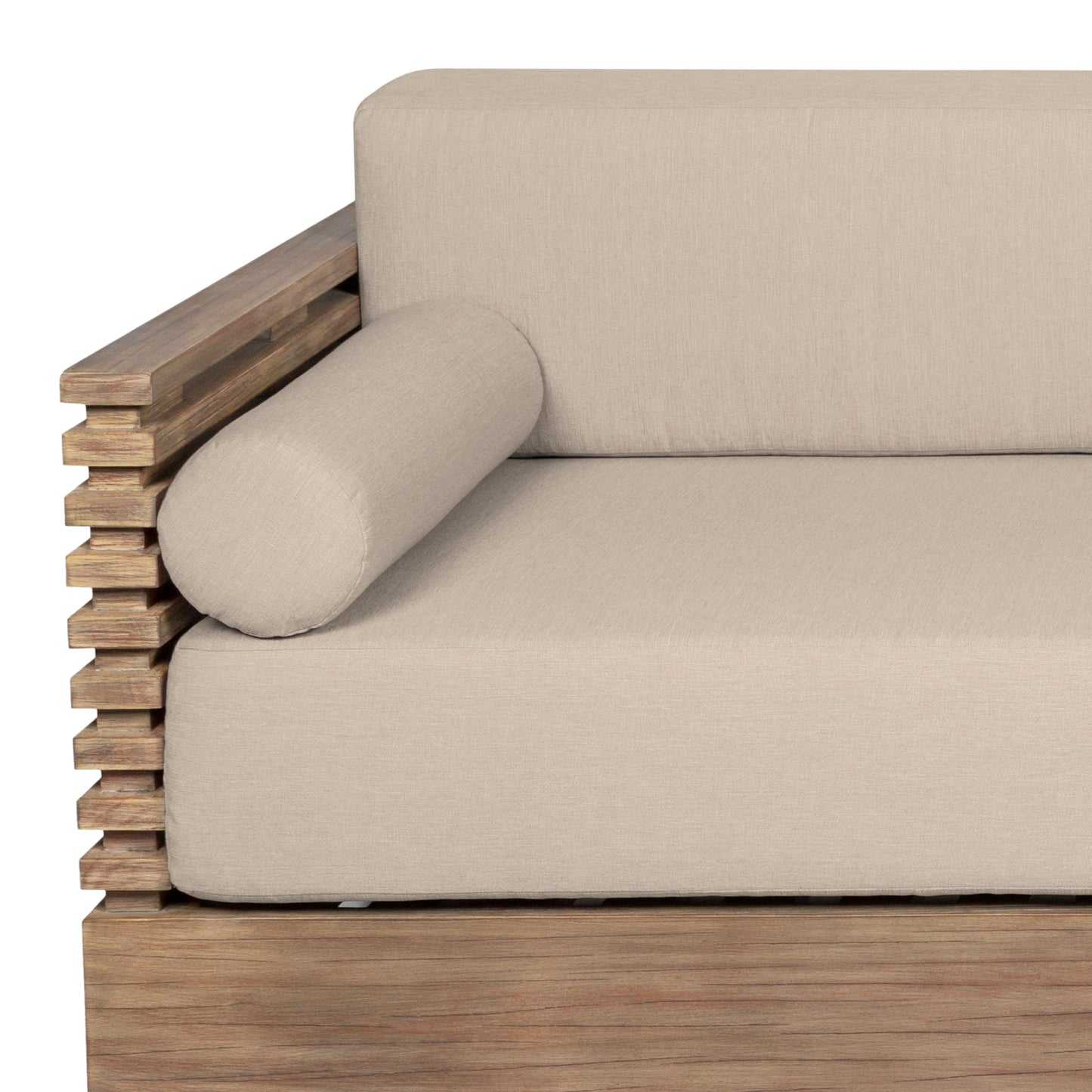 Vivid Outdoor Patio Sofa in Light Eucalyptus Wood with Taupe Olefin Cushions
