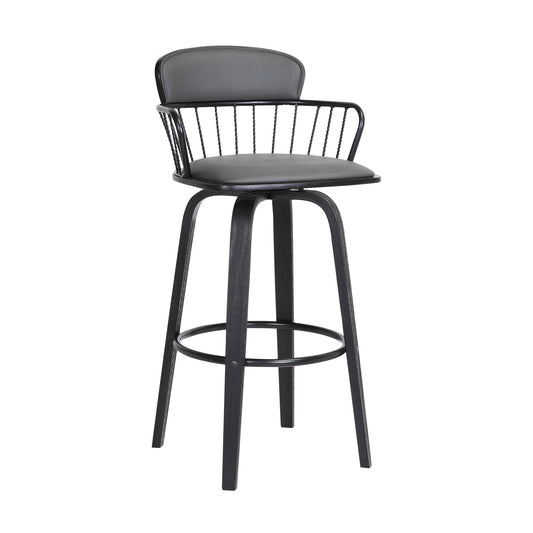 Willow 30" Swivel Black Wood Bar Stool in Gray Faux Leather with Black Metal