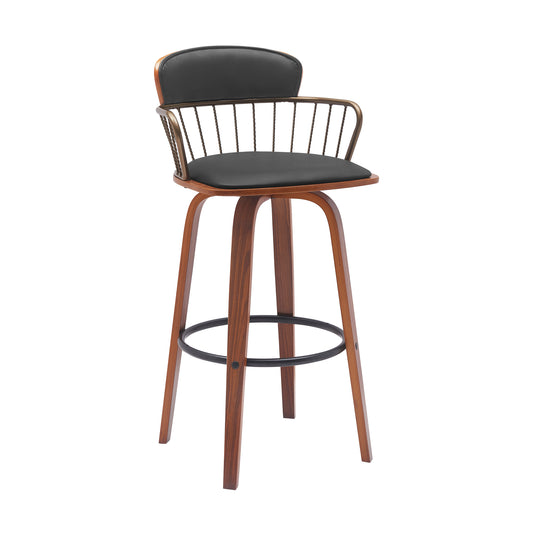Willow 30" Swivel Walnut Wood Bar Stool in Black Faux Leather with Golden Bronze Metal