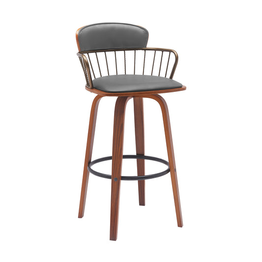 Willow 30" Swivel Walnut Wood Bar Stool in Gray Faux Leather with Golden Bronze Metal