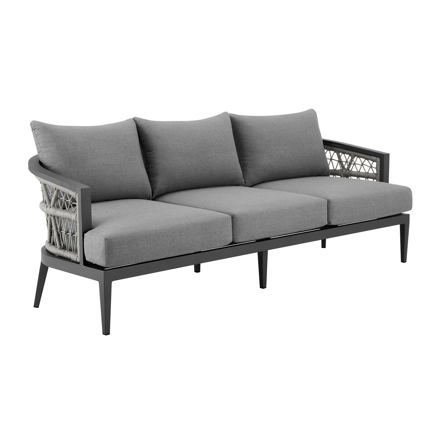 Zella Outdoor Patio Sofa in Aluminum with Light Gray Rope and Earl Gray Cushions