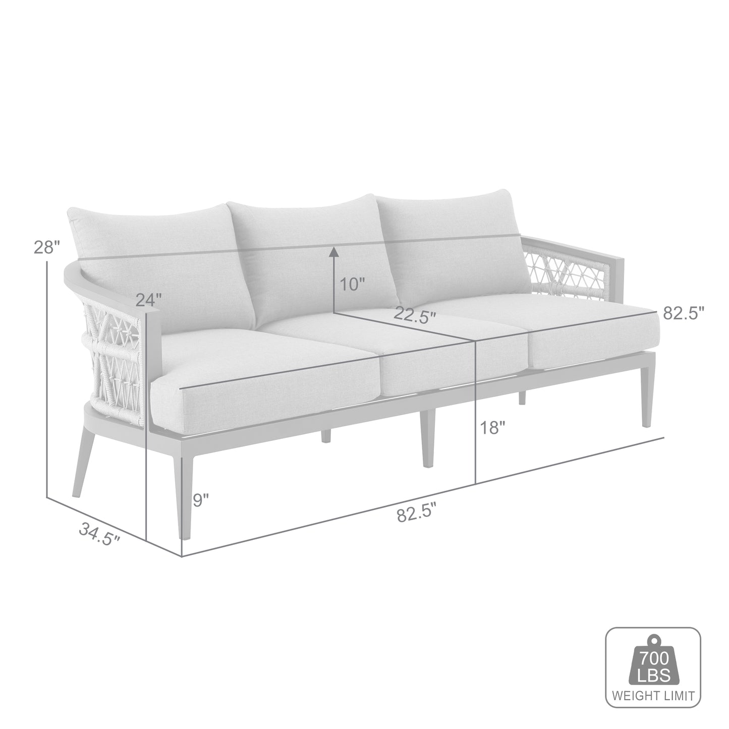 Zella Outdoor Patio Sofa in Aluminum with Light Gray Rope and Earl Gray Cushions