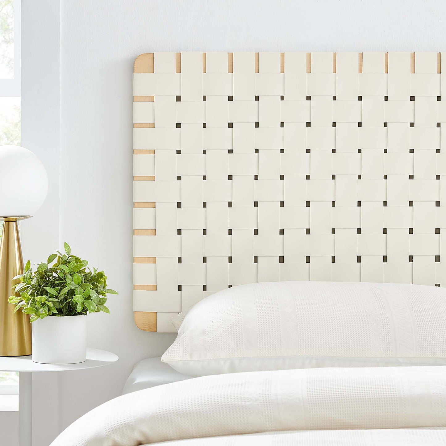 Sparta Weave Wall-Mount Vegan Leather Twin Headboard by Modway Natural Beige