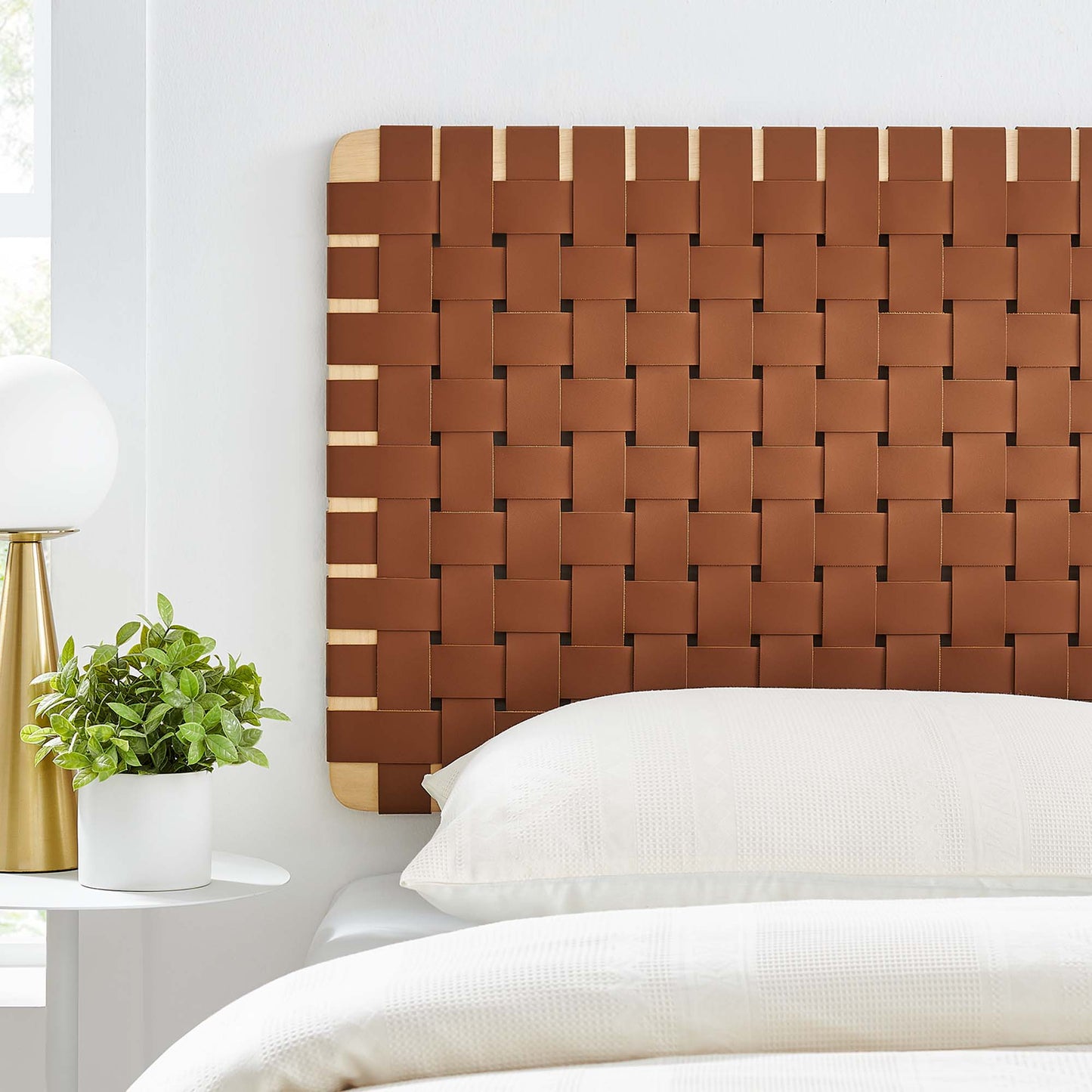 Sparta Weave Wall-Mount Vegan Leather Twin Headboard by Modway Natural Brown