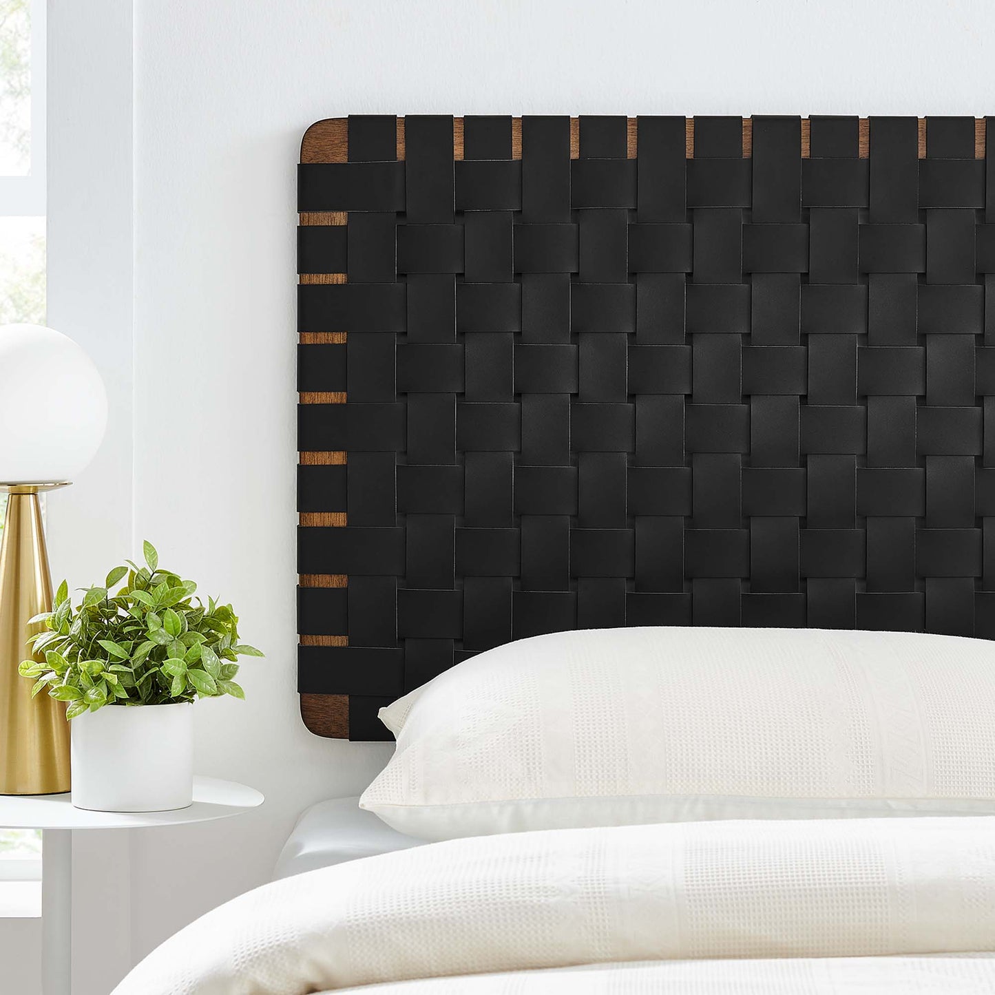 Sparta Weave Wall-Mount Vegan Leather Twin Headboard by Modway Walnut Black