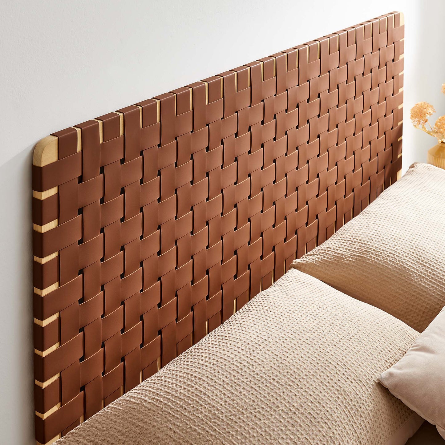 Sparta Weave Wall-Mount Vegan Leather Queen Headboard by Modway Natural Brown