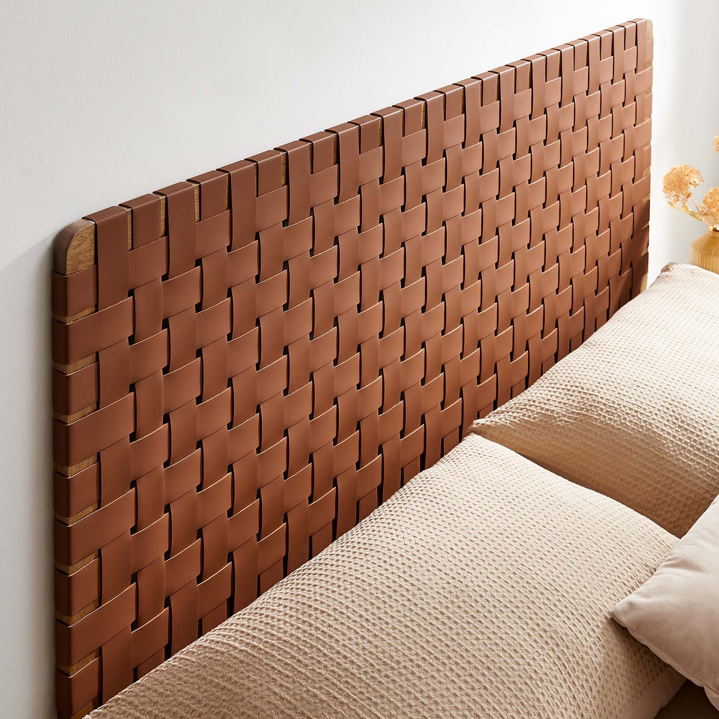 Sparta Weave Wall-Mount Vegan Leather Queen Headboard by Modway Walnut Brown