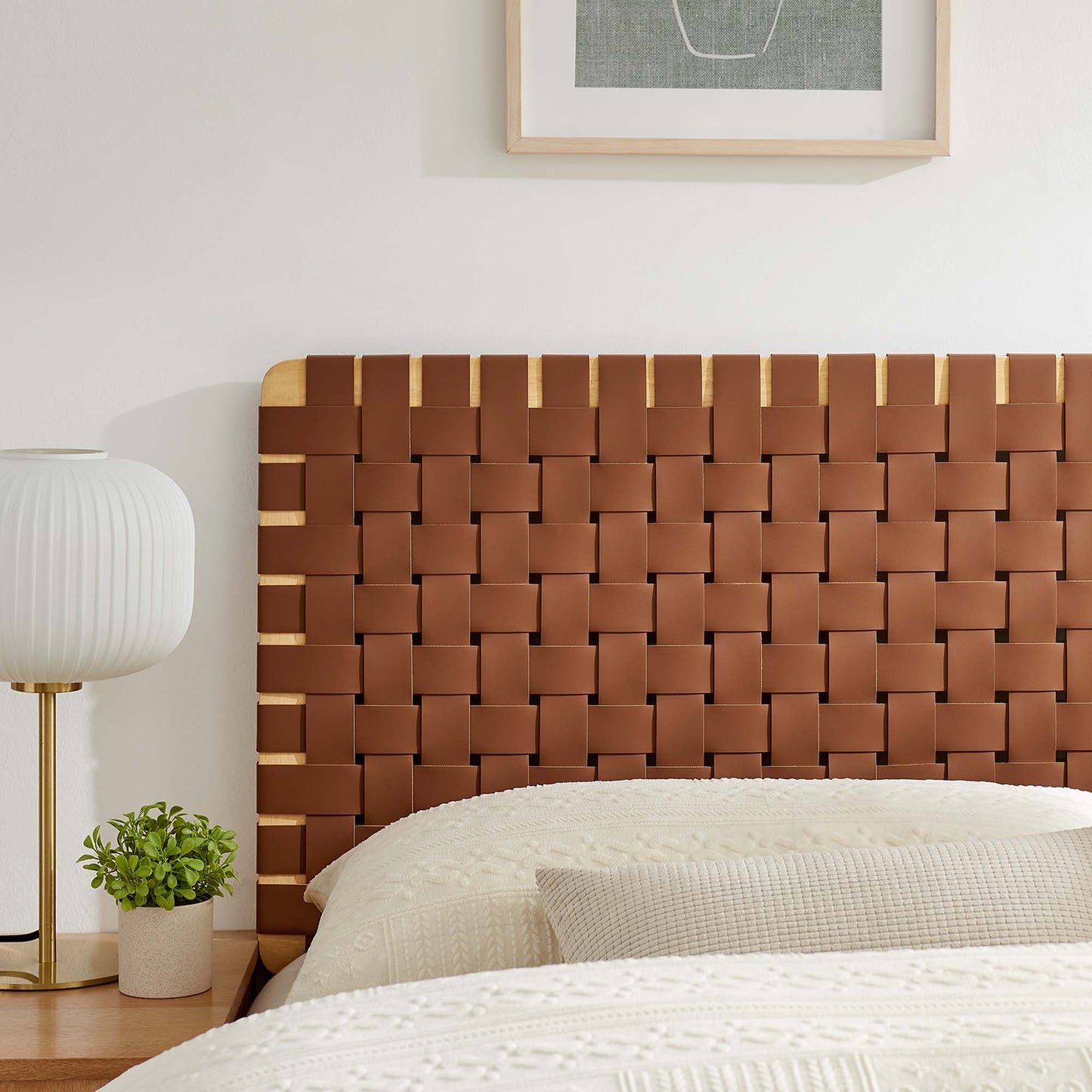 Sparta Weave Vegan Leather Queen Headboard by Modway Natural Brown