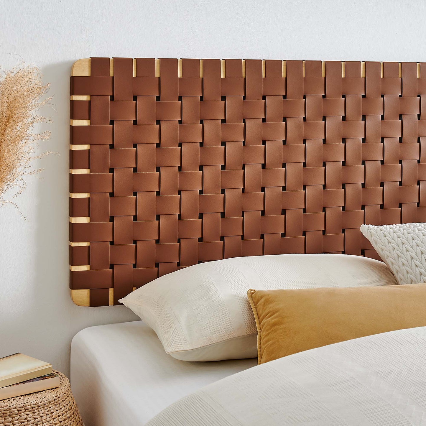 Sparta Weave Wall-Mount Vegan Leather King Headboard by Modway Natural Brown