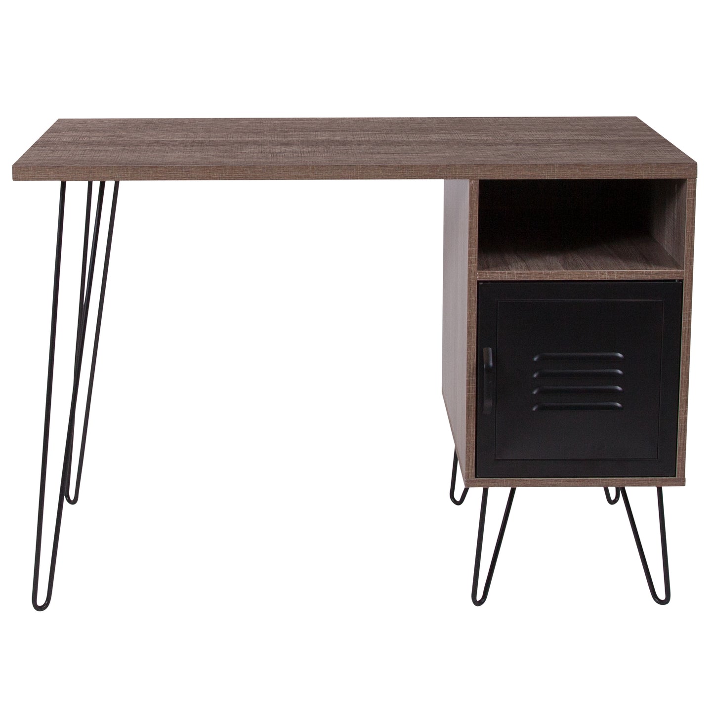 Woodridge Collection Rustic Wood Grain Finish Computer Desk with Metal Cabinet Door and Black Metal Legs Rustic