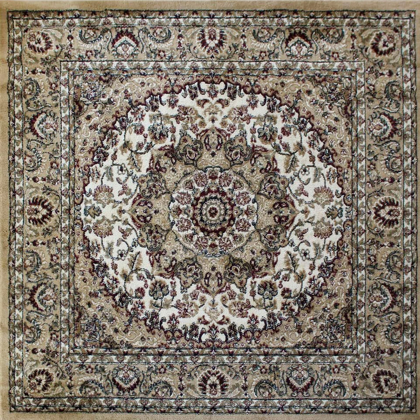 Mersin Collection Persian Style 4x4 Ivory Square Area Rug-Olefin Rug with Jute Backing-Hallway, Entryway, Bedroom, Living Room Ivory