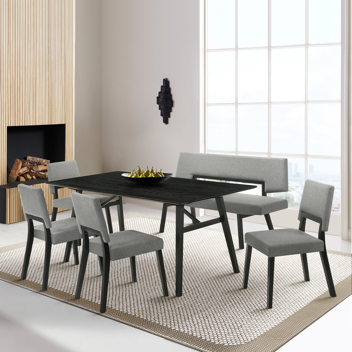 Channell 6 Piece Black Wood Dining Table Set with Bench in Charcoal Fabric