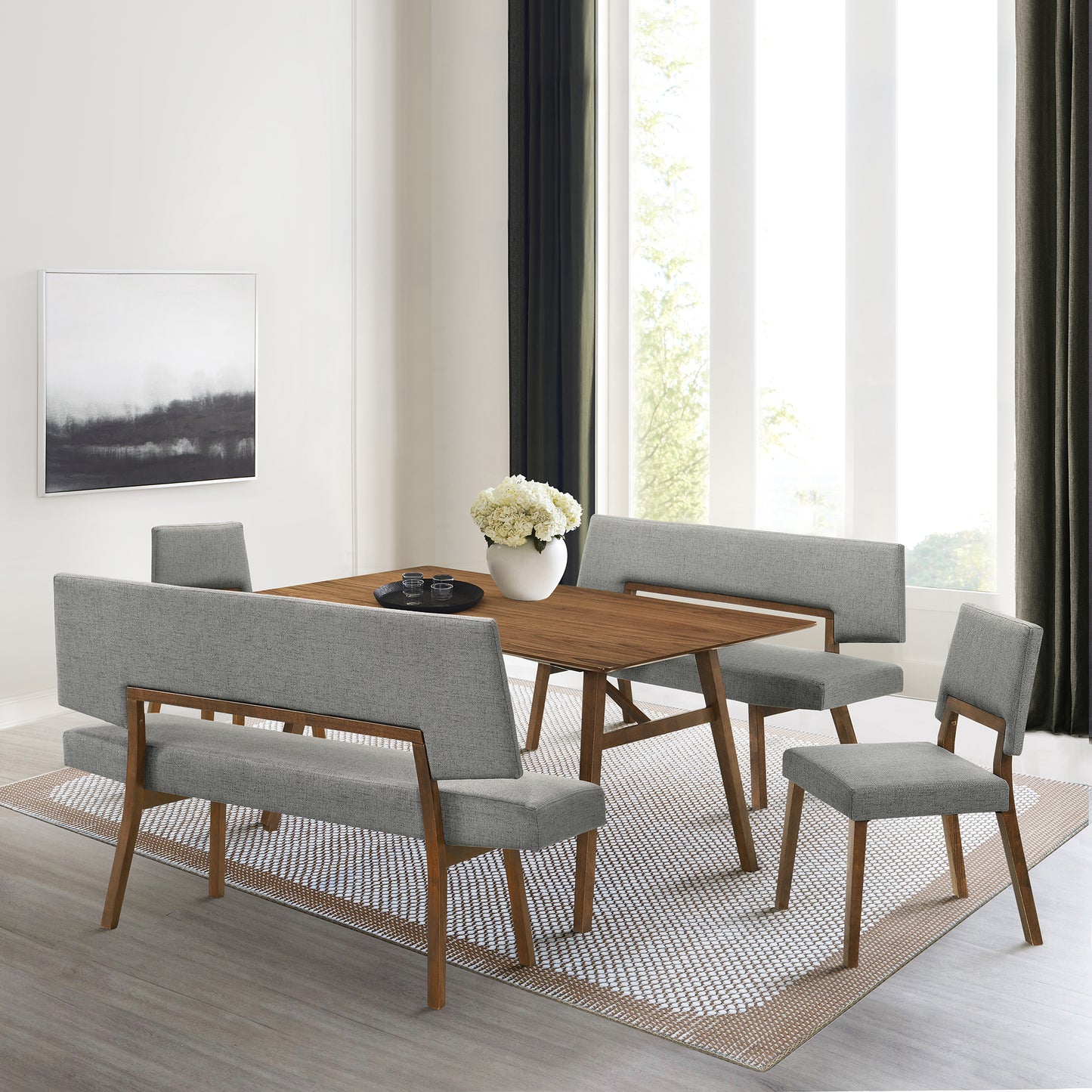 Channell 5 Piece Walnut Wood Dining Table Set with Benches in Charcoal Fabric