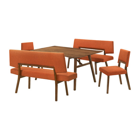 Channell 5 Piece Walnut Wood Dining Table Set with Benches in Orange Fabric