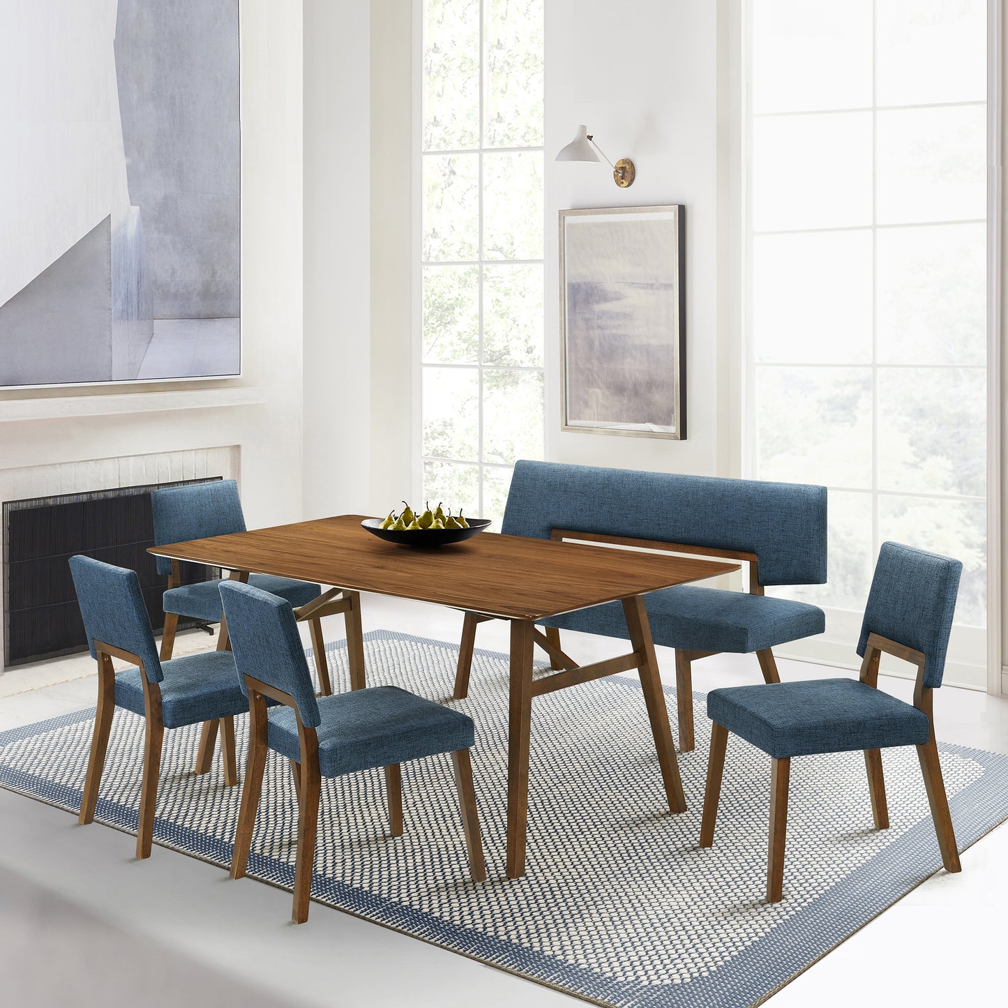 Channell 6 Piece Walnut Wood Dining Table Set with Bench in Blue Fabric
