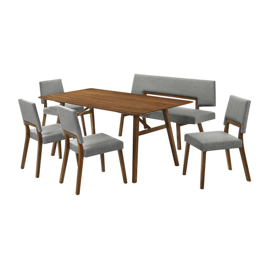 Channell 6 Piece Walnut Wood Dining Table Set with Bench in Charcoal Fabric