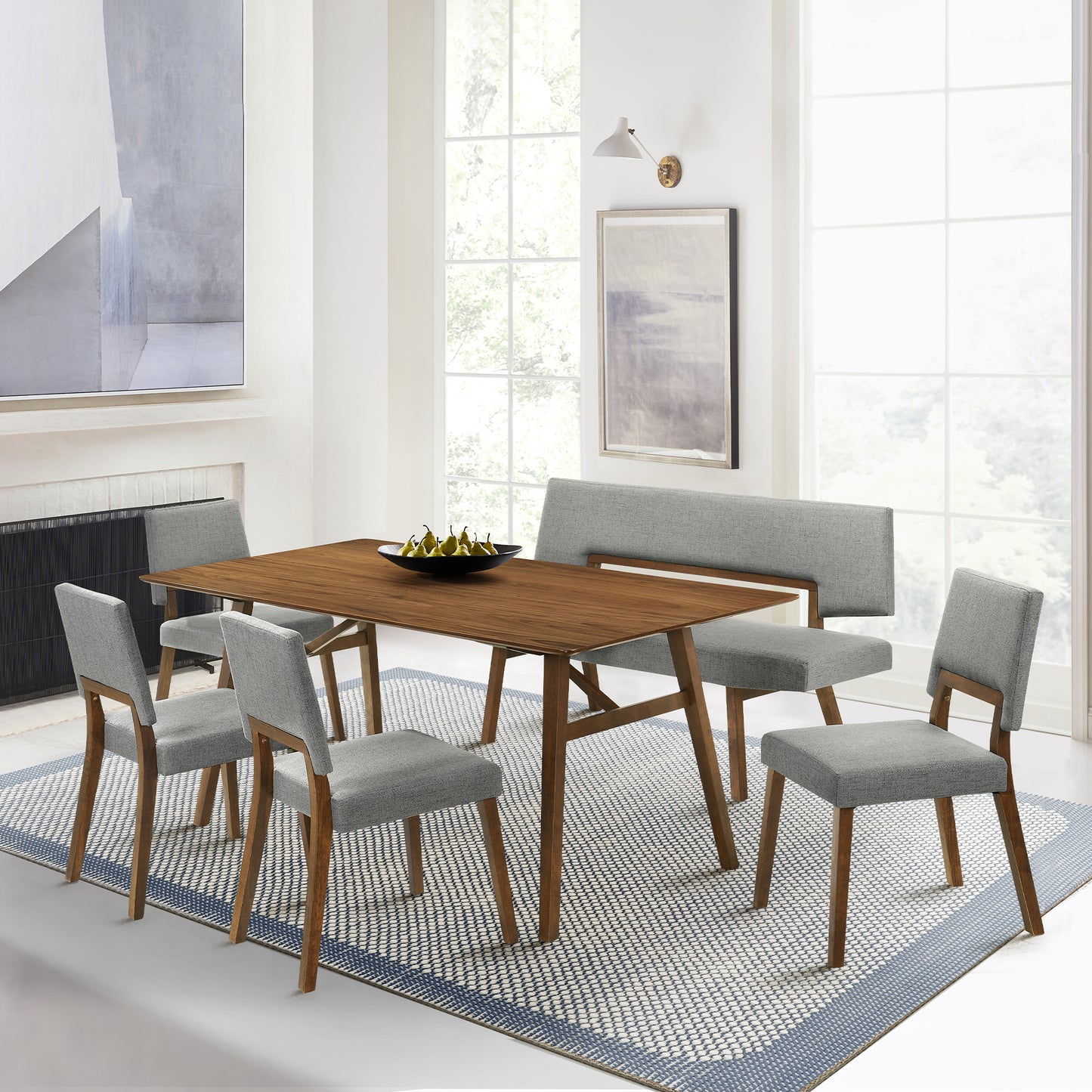 Channell 6 Piece Walnut Wood Dining Table Set with Bench in Charcoal Fabric