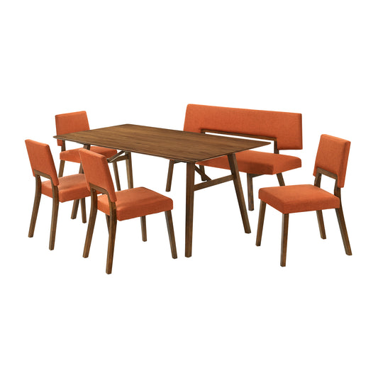 Channell 6 Piece Walnut Wood Dining Table Set with Bench in Orange Fabric
