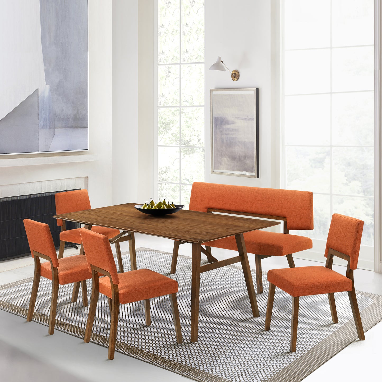 Channell 6 Piece Walnut Wood Dining Table Set with Bench in Orange Fabric
