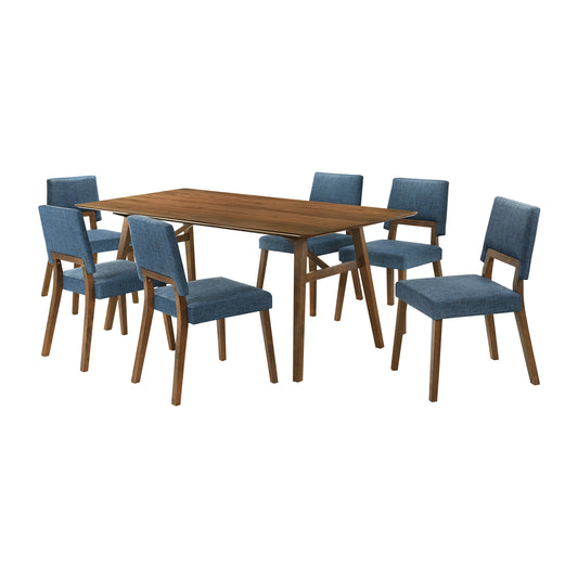 Channell 7 Piece Walnut Wood Dining Table Set with Blue Fabric