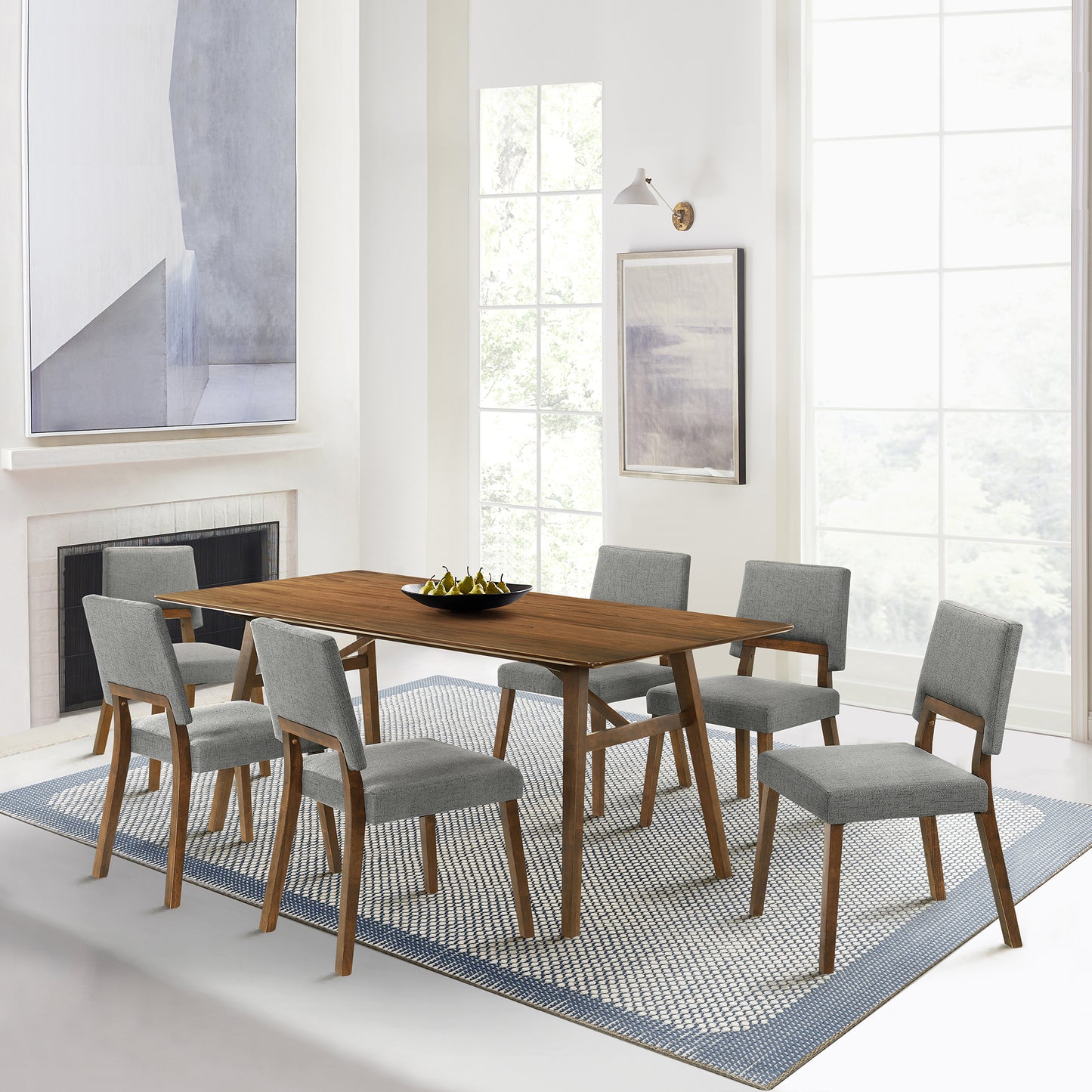 Channell 7 Piece Walnut Wood Dining Table Set with Charcoal Fabric