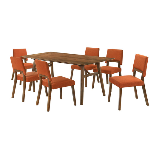 Channell 7 Piece Walnut Wood Dining Table Set with Orange Fabric