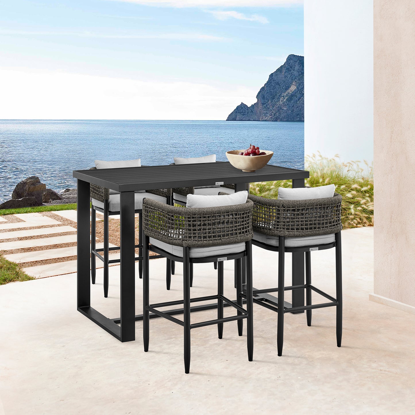 Alegria Outdoor Patio 5-Piece Bar Table Set in Aluminum with Gray Rope and Cushions