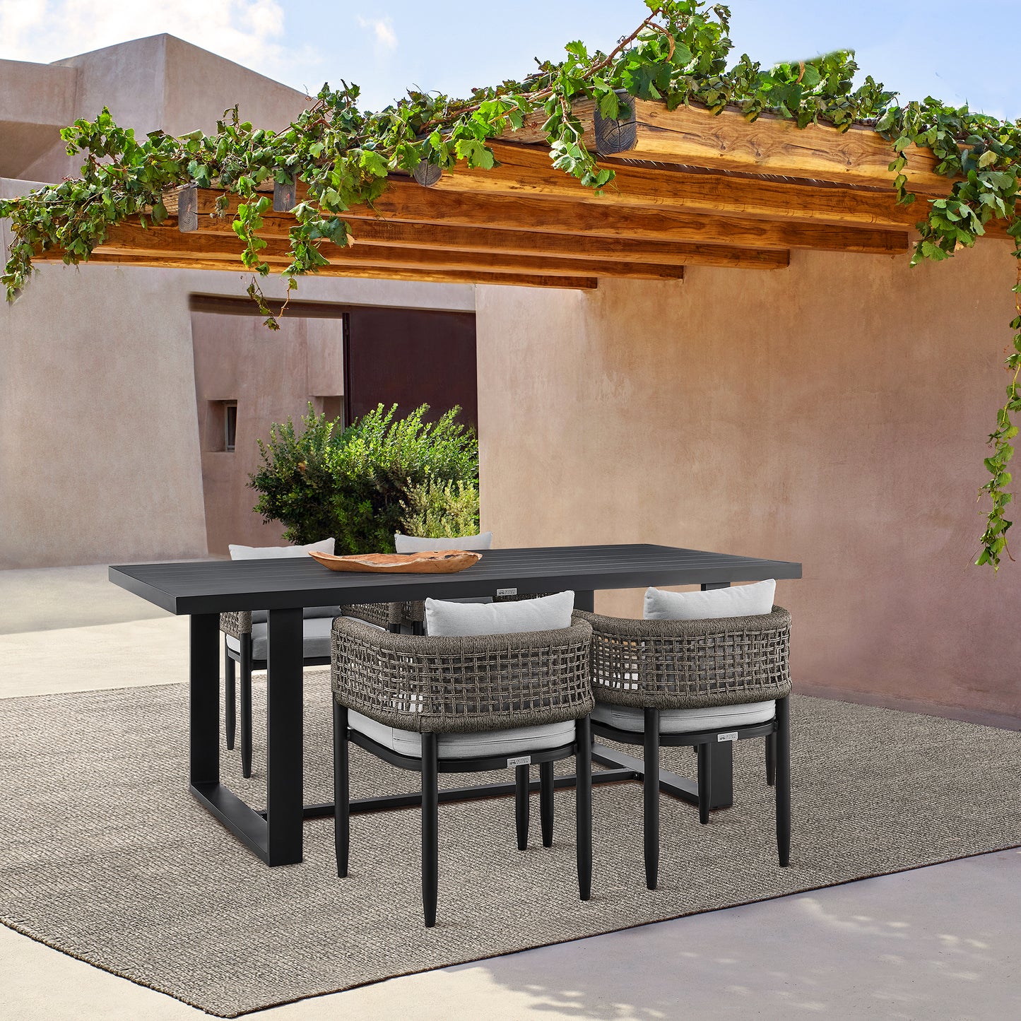 Alegria Outdoor Patio 5-Piece Dining Table Set in Aluminum with Gray Rope and Cushions