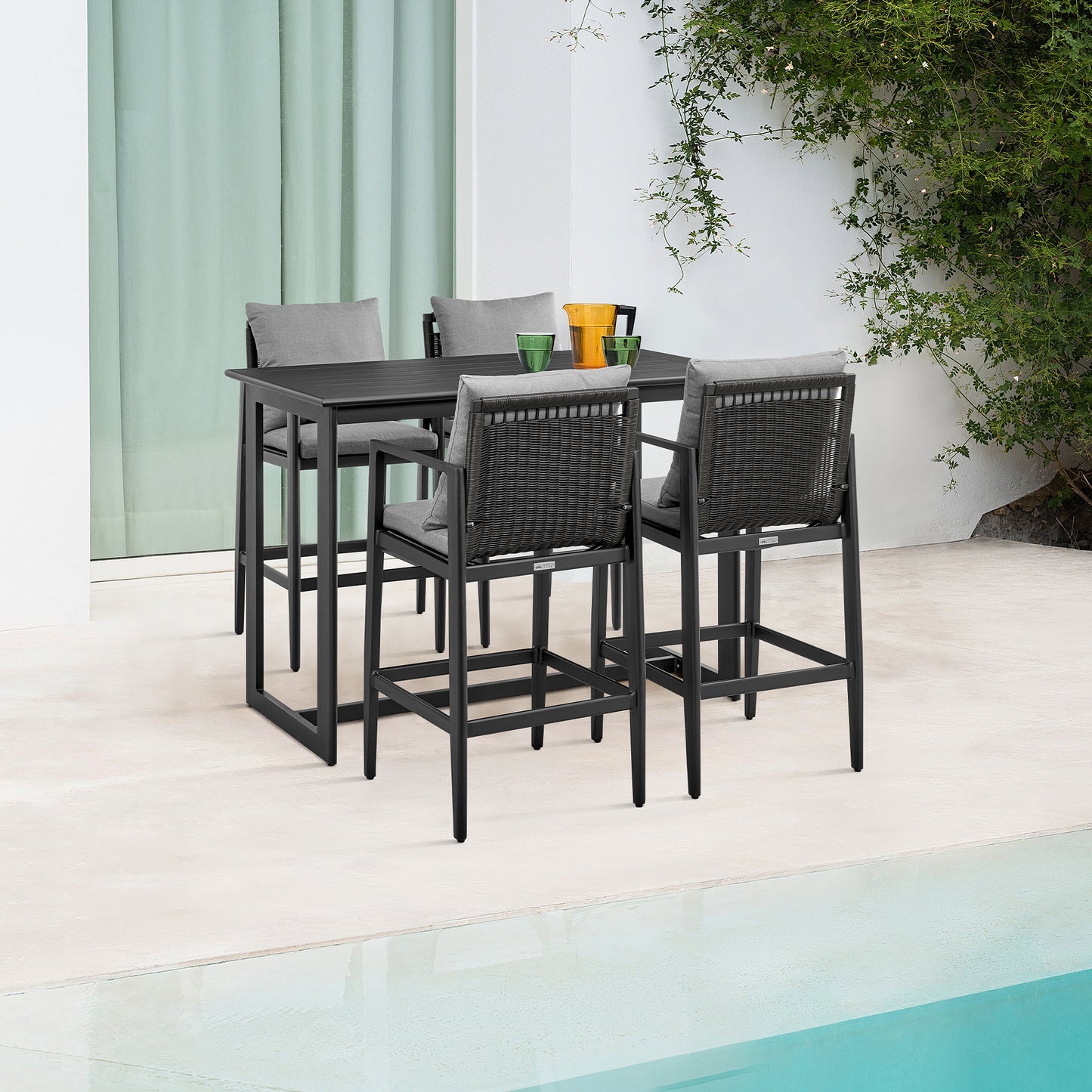 Cayman Outdoor Patio 5-Piece Bar Table Set in Aluminum with Gray Cushions