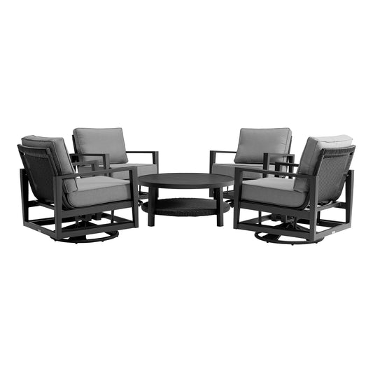 Cayman 5 Piece Black Aluminum Outdoor Seating Set with Dark Gray Cushions