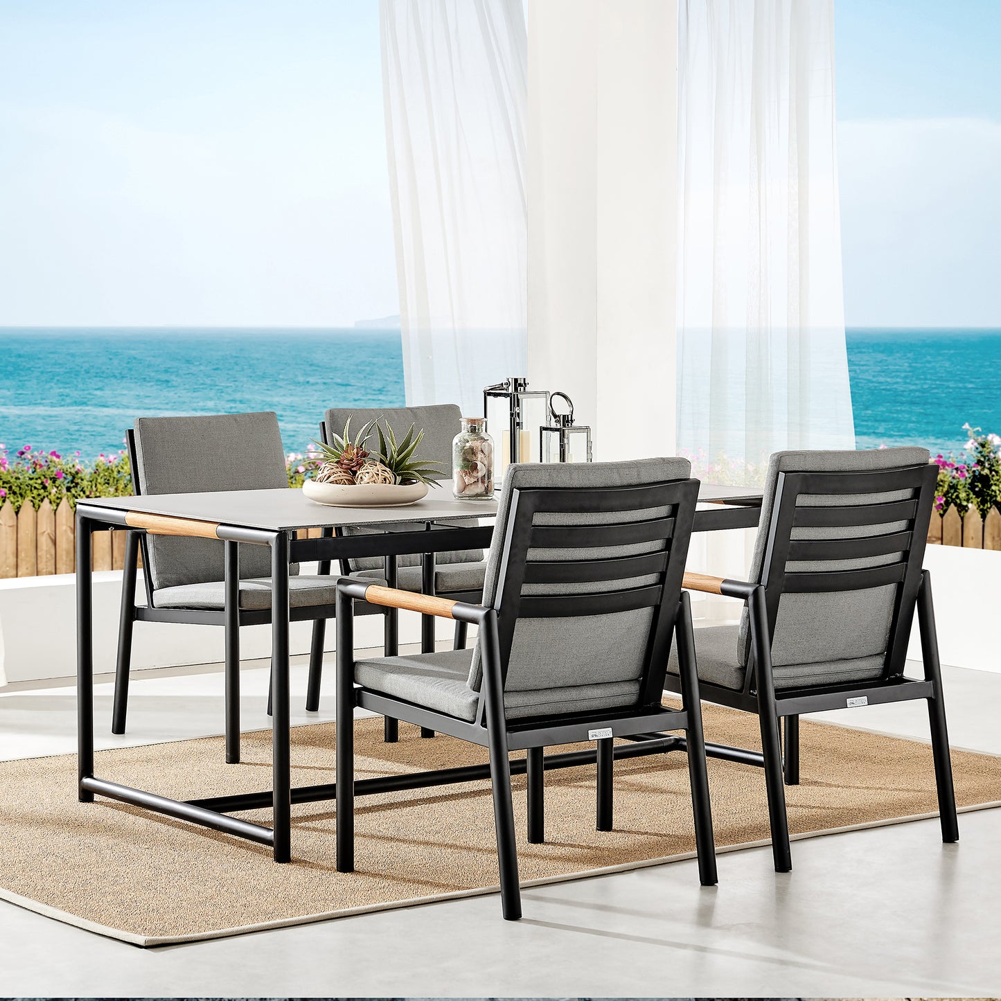 Crown 5 Piece Black Aluminum and Teak Outdoor Dining Set with Dark Gray Fabric