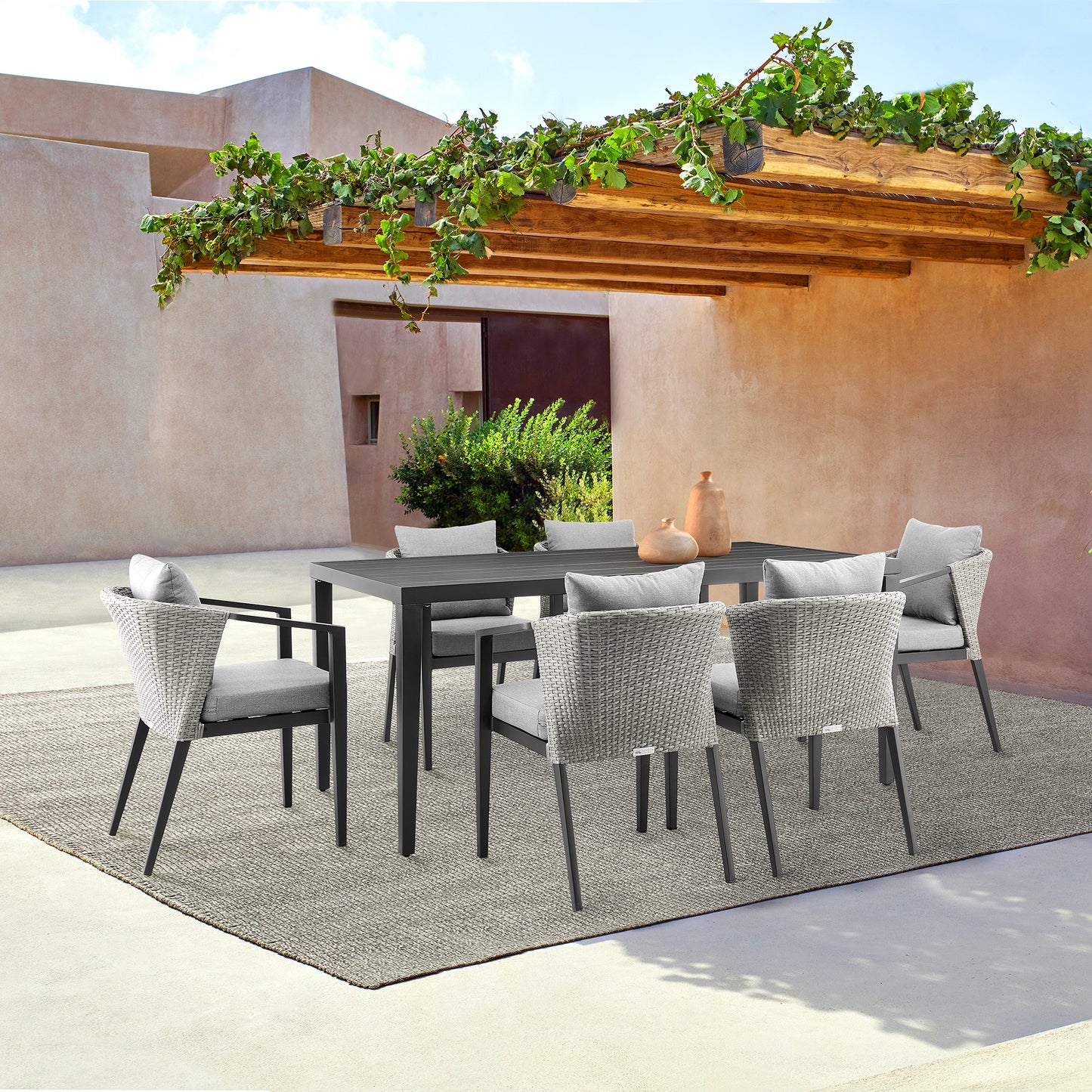 Palma Outdoor Patio 7-Piece Dining Table Set in Aluminum and Wicker with Gray Cushions