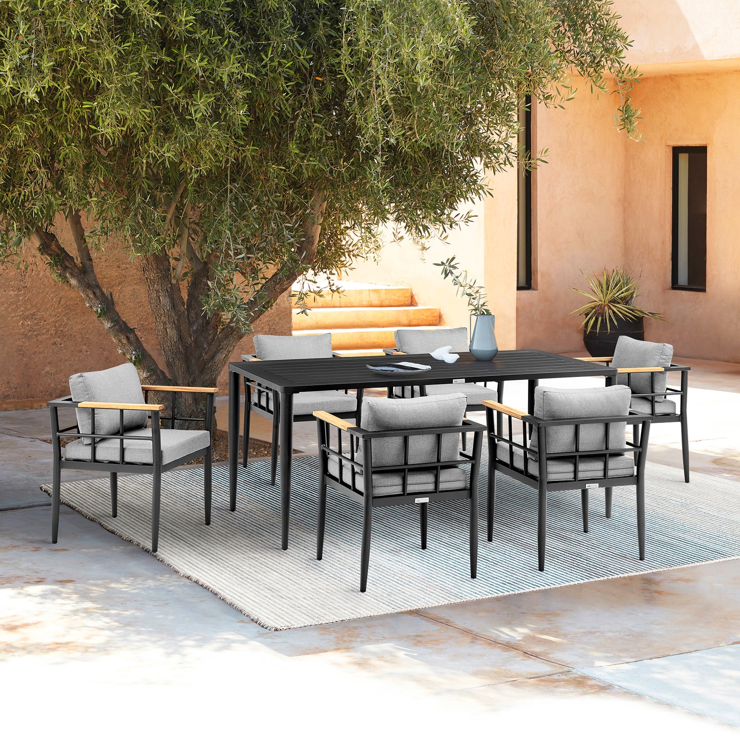 Ezra Outdoor Patio 7-Piece Dining Table Set in Aluminum and Teak with Gray Cushions