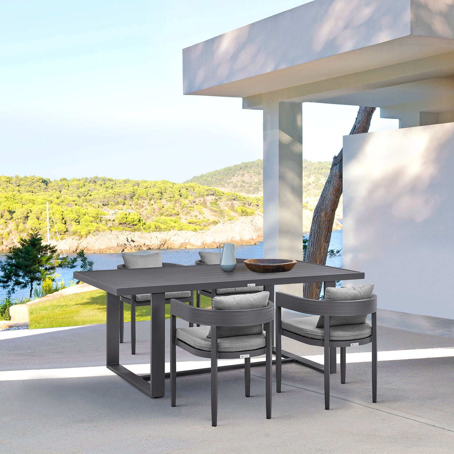 Menorca Outdoor Patio 5-Piece Dining Table Set in Aluminum with Gray Cushions