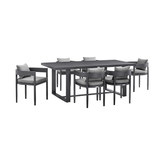Menorca Outdoor Patio 7-Piece Dining Table Set in Aluminum with Gray Cushions