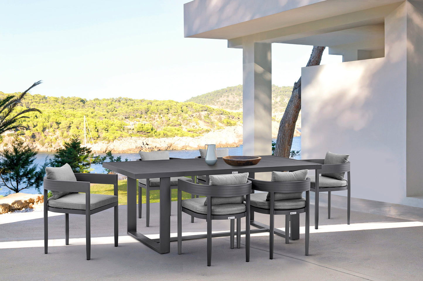 Menorca Outdoor Patio 7-Piece Dining Table Set in Aluminum with Gray Cushions