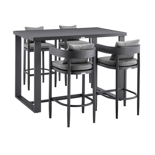 Menorca Outdoor Patio 5-Piece Bar Table Set in Aluminum with Gray Cushions
