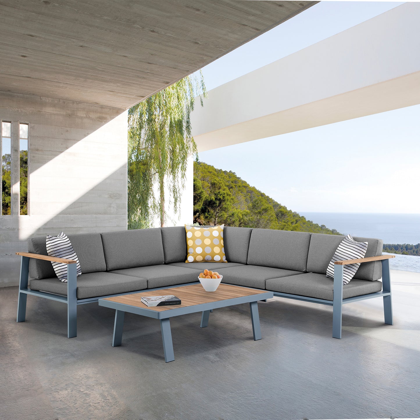 Nofi Outdoor Patio Sectional Set in Gray Finish with Gray Cushions and Teak Wood
