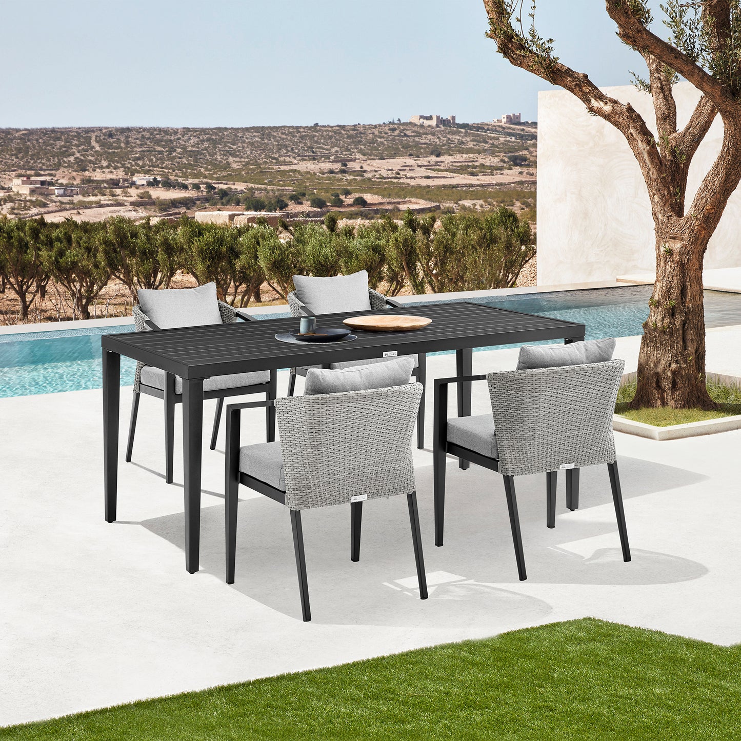 Palma Outdoor Patio 5-Piece Dining Table Set in Aluminum and Wicker with Gray Cushions
