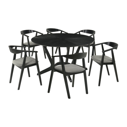 Santana 7 Piece Round Black Wood Dining Table Set with Charcoal Fabric