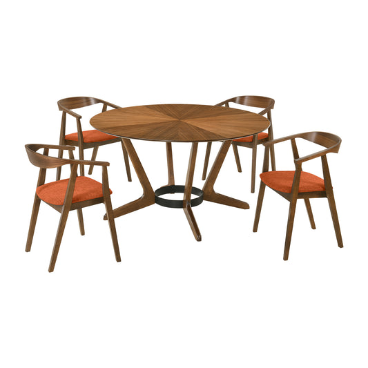 Santana 5 Piece Round Walnut Wood Dining Table Set with Orange Fabric
